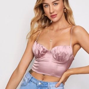Ruched Bust Lace-up Back Satin Crop Cami Top